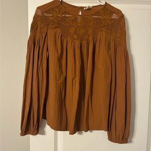 a.n.a Women's Long-Sleeve Crochet Yoke Blouse - Rust Brown